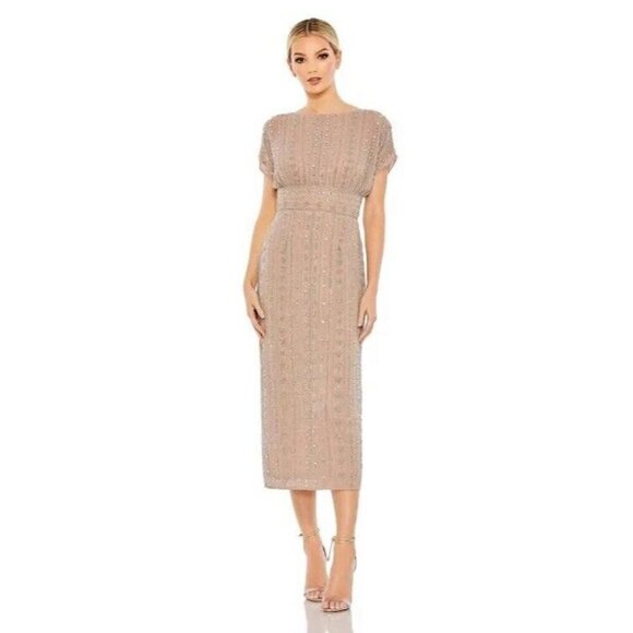 Mac Duggal Size 8 Beige 93649 Beaded Cap Sleeve Column Gown Midi Dress $498 New - Picture 1 of 14